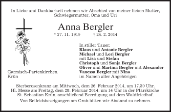 Traueranzeige von Anna Bergler von merkurtz