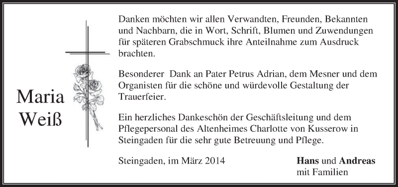  Traueranzeige für Maria Weiß vom 01.03.2014 aus merkurtz