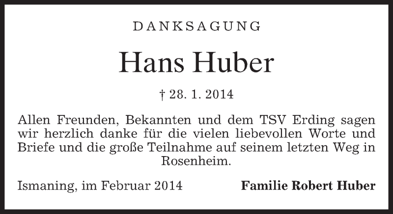  Traueranzeige für Hans Huber vom 01.03.2014 aus merkurtz