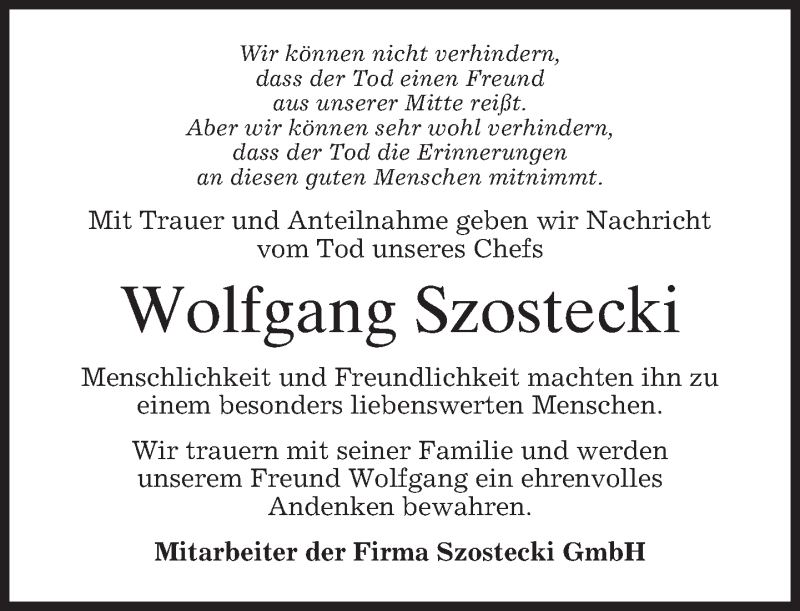  Traueranzeige für Wolfgang Szostecki vom 01.03.2014 aus merkurtz