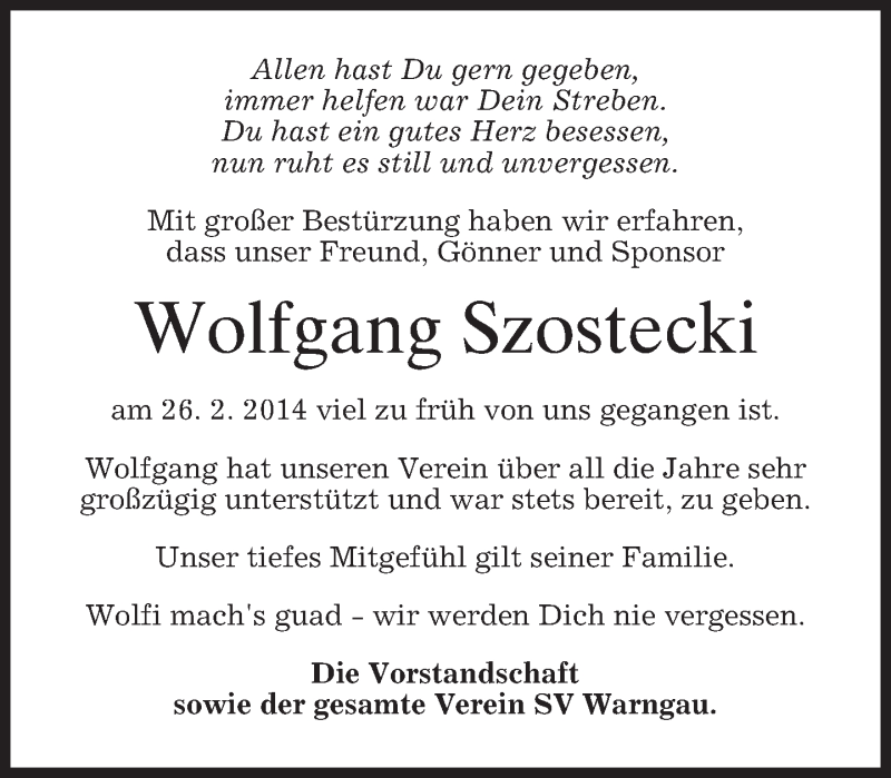  Traueranzeige für Wolfgang Szostecki vom 01.03.2014 aus merkurtz