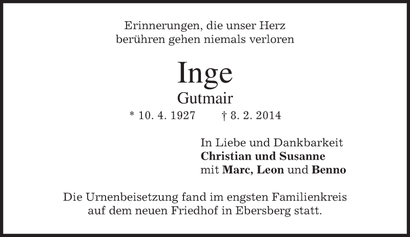 Traueranzeige für Inge Gutmair vom 08.03.2014 aus merkurtz