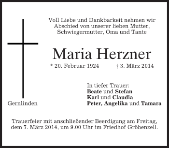 Traueranzeige von Maria Herzner von merkurtz