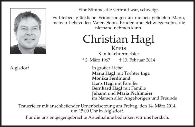  Traueranzeige für Christian Hagl vom 08.03.2014 aus merkurtz