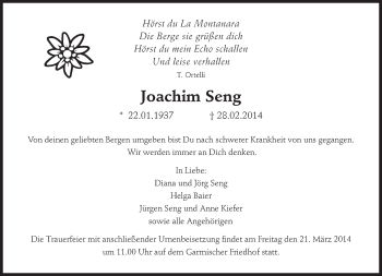 Traueranzeige von Joachim Seng von merkurtz