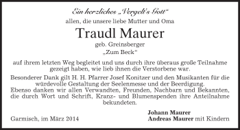 Traueranzeige von Traudl Maurer von merkurtz