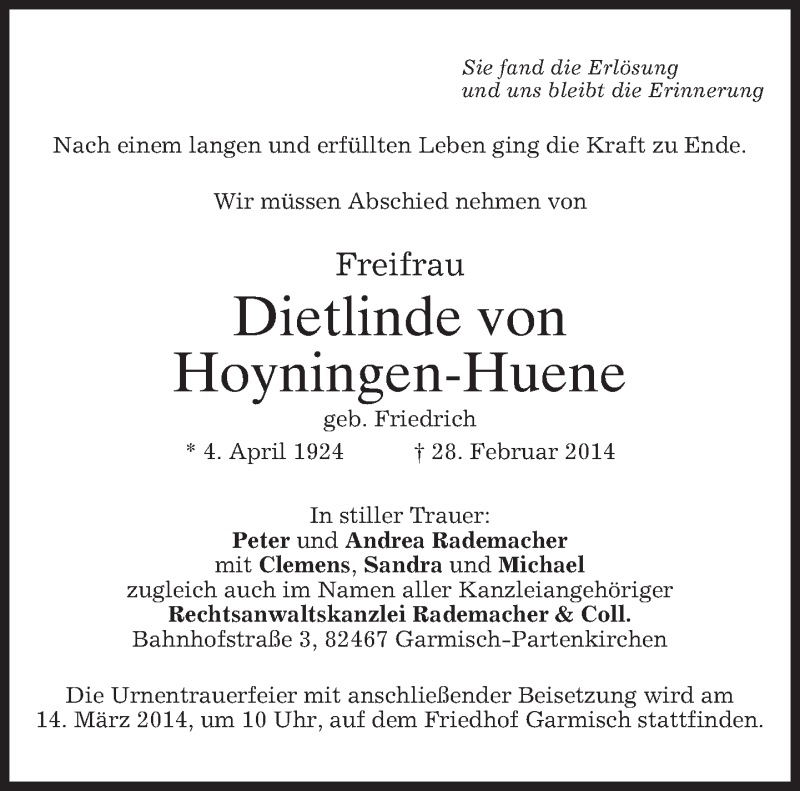  Traueranzeige für Dietlinde von Hoyningen-Huene vom 08.03.2014 aus merkurtz