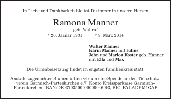 Traueranzeige von Ramona Manner von merkurtz