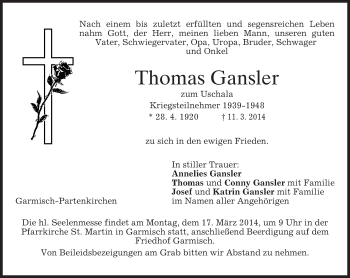 Traueranzeige von Thomas Gansler von merkurtz