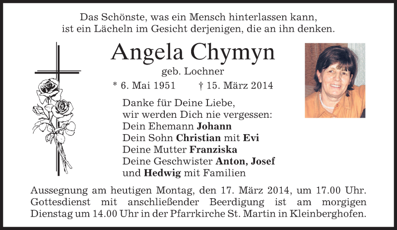  Traueranzeige für Angela Chymyn vom 17.03.2014 aus merkurtz