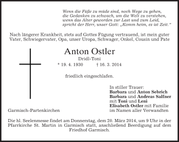 Traueranzeige von Anton Ostler von merkurtz