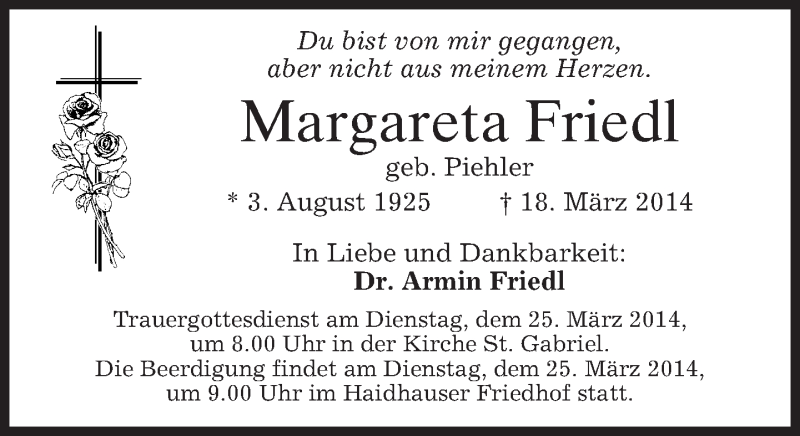  Traueranzeige für Margareta Friedl vom 22.03.2014 aus merkurtz