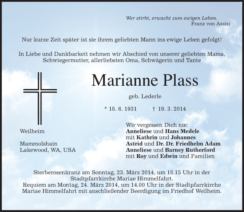  Traueranzeige für Marianne Plass vom 22.03.2014 aus merkurtz