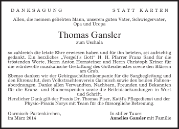 Traueranzeige von Thomas Gansler von merkurtz