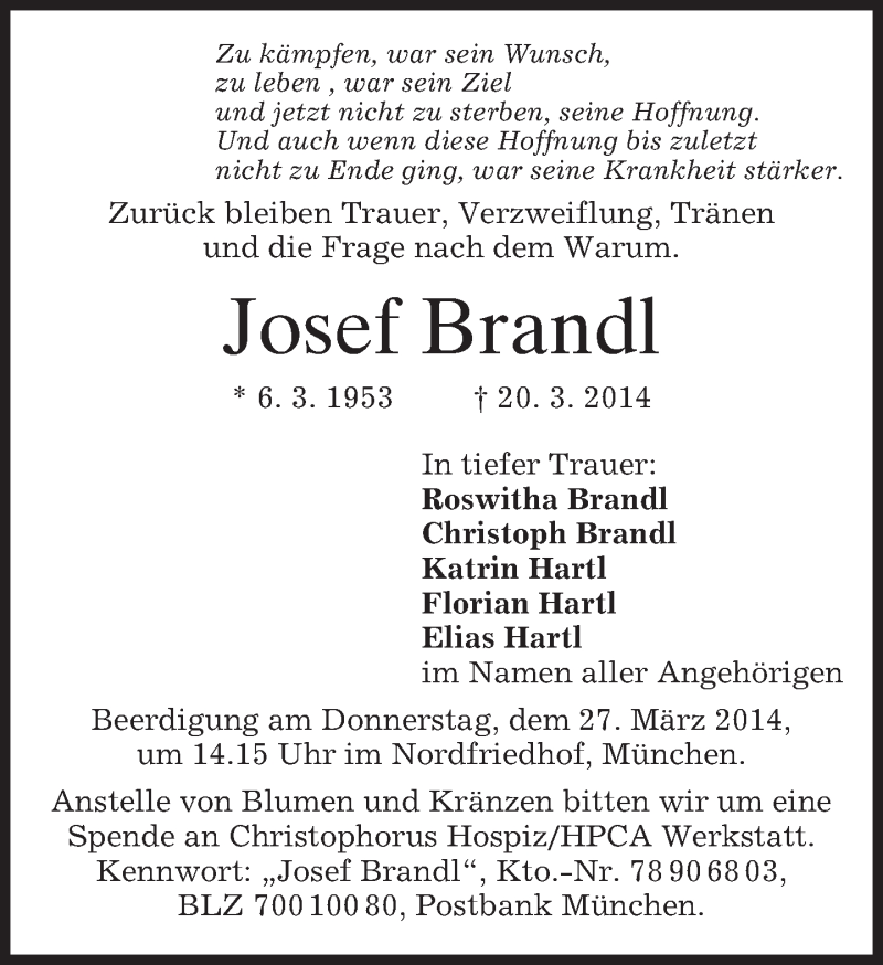  Traueranzeige für Josef Brandl vom 25.03.2014 aus merkurtz