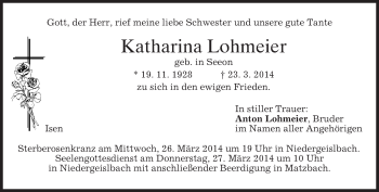 Traueranzeige von Katharina Lohmeier von merkurtz