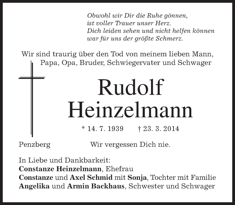  Traueranzeige für Rudolf Heinzelmann vom 25.03.2014 aus merkurtz
