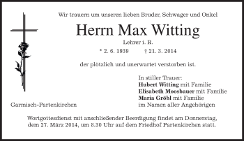 Traueranzeige von Max Witting von merkurtz