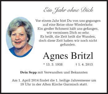 Traueranzeige von Agnes Britzl von merkurtz