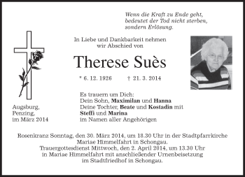 Traueranzeige von Therese Suès von merkurtz