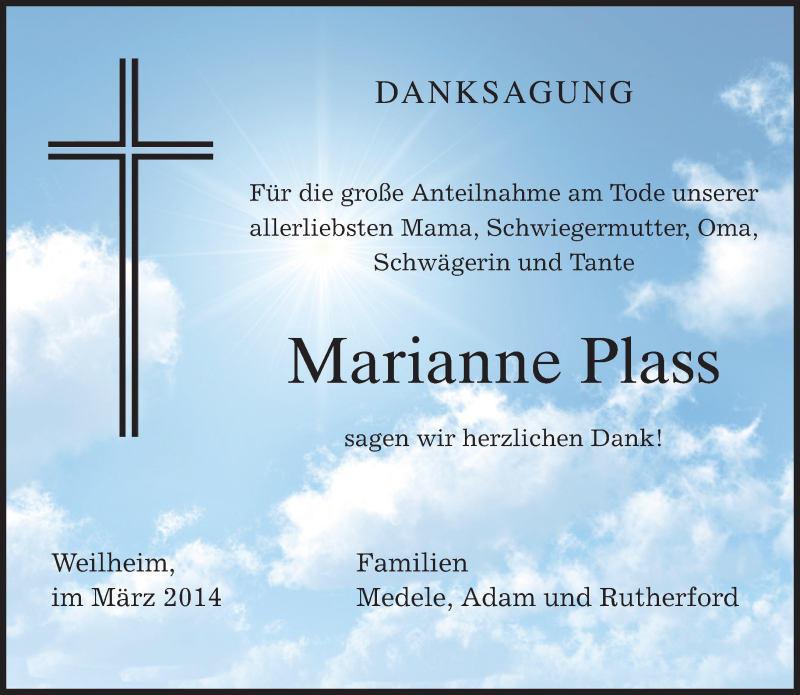  Traueranzeige für Marianne Plass vom 29.03.2014 aus merkurtz