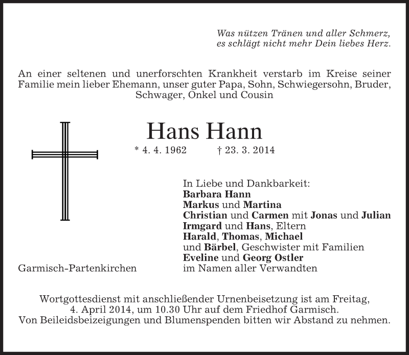  Traueranzeige für Hans Hann vom 29.03.2014 aus merkurtz
