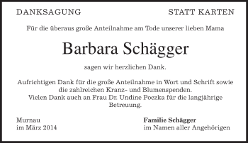 Traueranzeige von Barbara Schägger von merkurtz