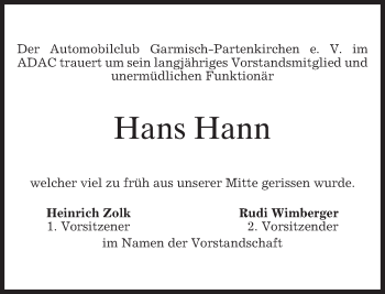 Traueranzeige von Hans Hann von merkurtz