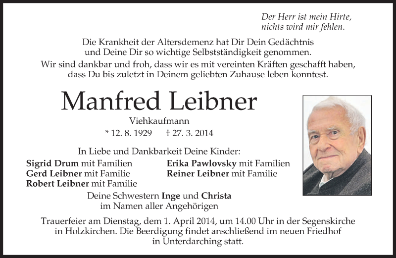  Traueranzeige für Manfred Leibner vom 29.03.2014 aus merkurtz