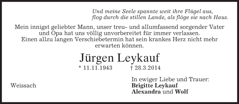  Traueranzeige für Jürgen Leykauf vom 01.04.2014 aus merkurtz