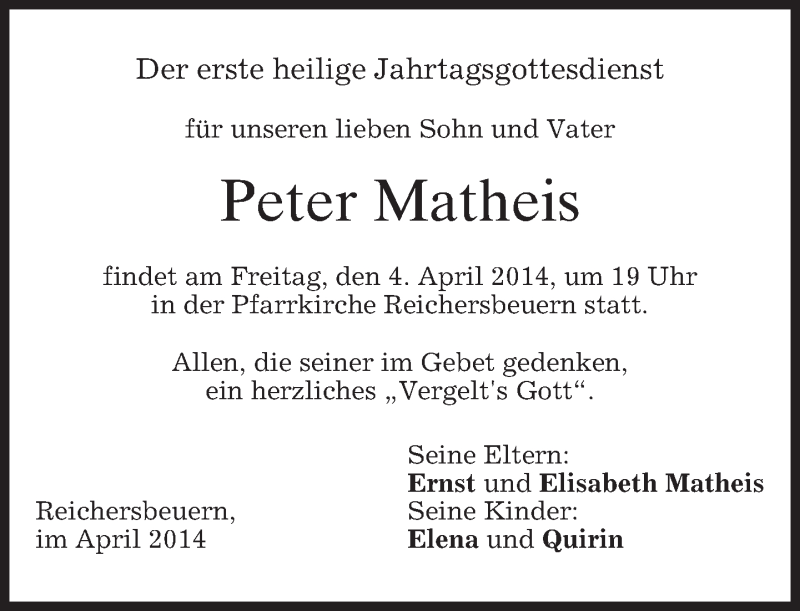  Traueranzeige für Peter Matheis vom 03.04.2014 aus merkurtz