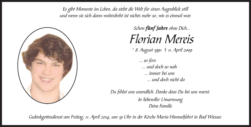  Traueranzeige für Florian Mereis vom 11.04.2014 aus merkurtz