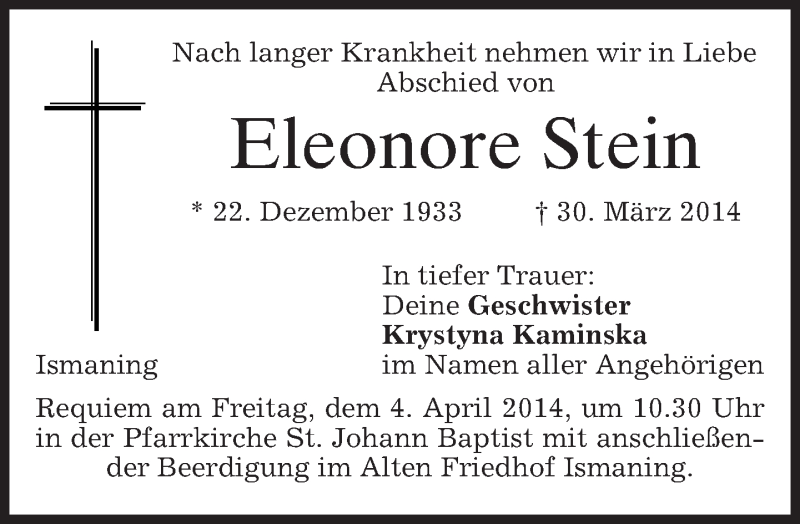  Traueranzeige für Eleonore Stein vom 02.04.2014 aus merkurtz