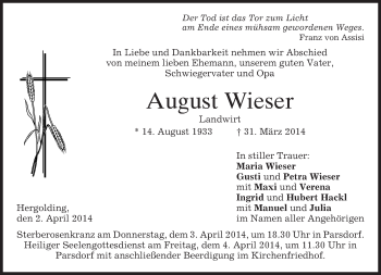 Traueranzeige von August Wieser von merkurtz