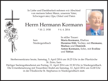 Traueranzeige von Hermann Kormann von merkurtz