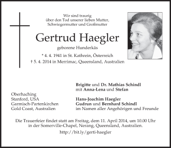 Traueranzeige von Gertrud Haegler von merkurtz