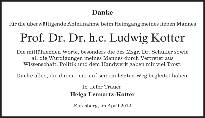  Traueranzeige für Ludwig Kotter vom 14.04.2012 aus MERKUR & TZ