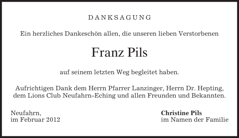  Traueranzeige für Franz Pils vom 25.02.2012 aus MERKUR & TZ