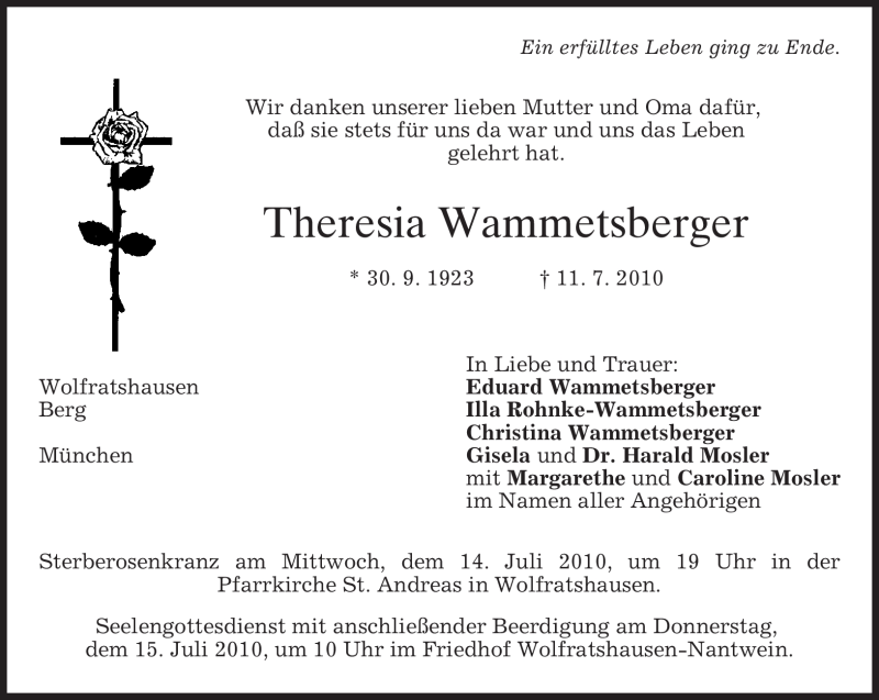  Traueranzeige für Theresia Wammetsberger vom 13.07.2010 aus MERKUR & TZ
