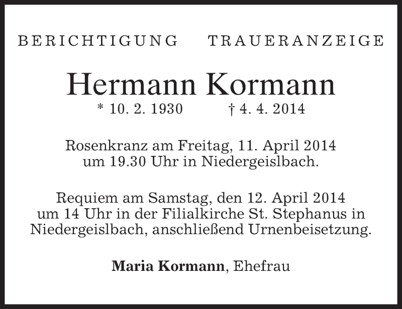  Traueranzeige für Hermann Kormann vom 11.04.2014 aus merkurtz