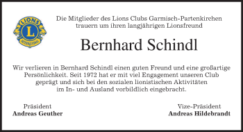 Traueranzeige von Bernhard Schindl von merkurtz