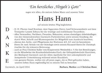 Traueranzeige von Hans Hann von merkurtz