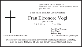 Traueranzeige von Eleonore Vogl von merkurtz