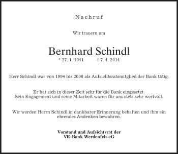 Traueranzeige von Bernhard Schindl von merkurtz