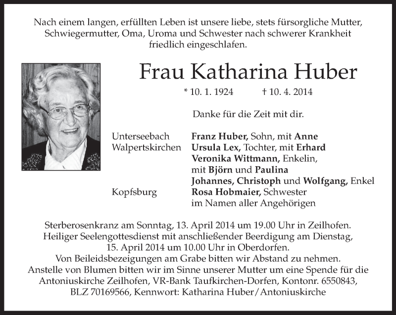 Traueranzeigen von Katharina Huber trauer.merkur.de