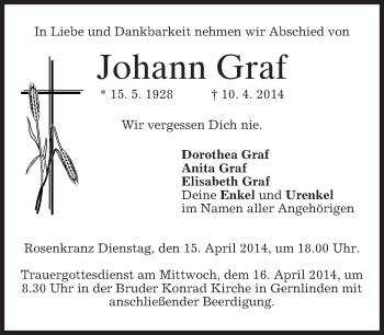 Traueranzeige von Johann Graf von merkurtz