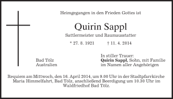 Traueranzeige von Quirin Sappl von merkurtz