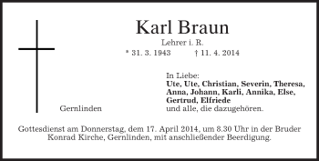 Traueranzeige von Karl Braun von merkurtz