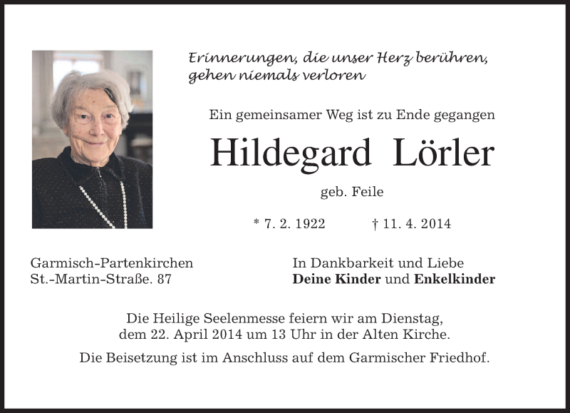 Traueranzeige für Hildegard Lörler vom 17.04.2014 aus merkurtz