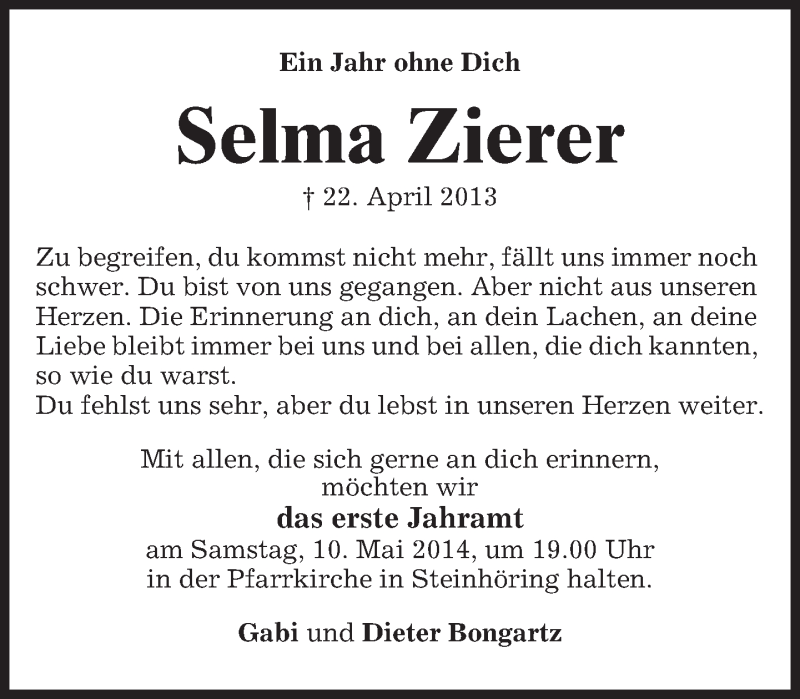  Traueranzeige für Selma Zierer vom 22.04.2014 aus merkurtz